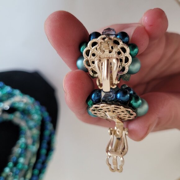 Japan Vintage Plastic Bead Multi Strand Necklace Cluster Earrings Set Blue Green - Picture 4 of 8